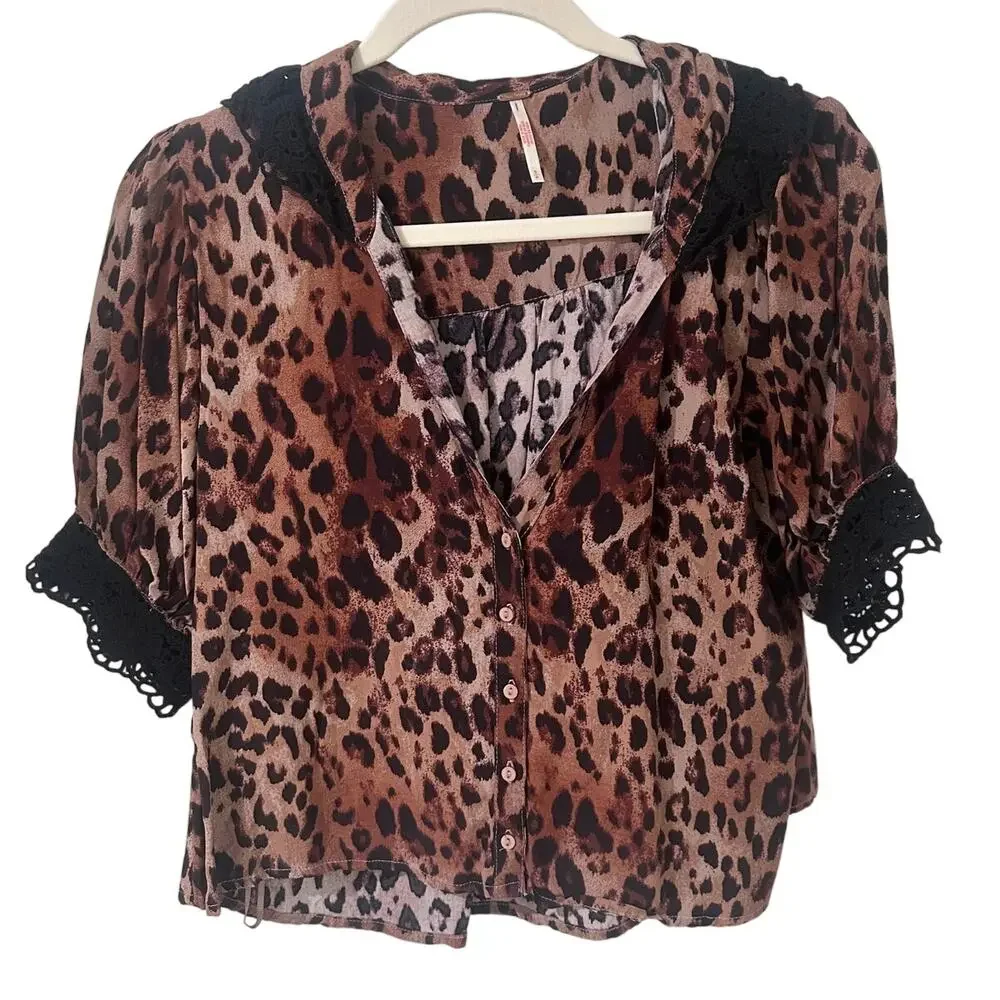 Free People Leopard Print Button-Up Short Sleeve Puff SleeveTop Soft Girl S